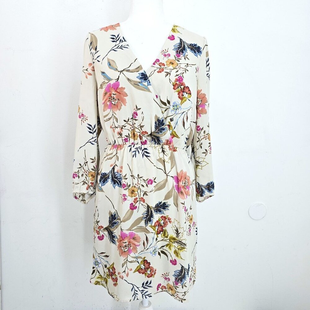 Stitch Fix Dr2 Oatmeal Beige Floral Faux Wrap Long Sleeve Dress Women's Size M